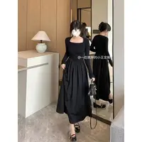 【小王家】显瘦拼接黑天鹅方领连衣裙长裙秋季裙子长袖中长裙