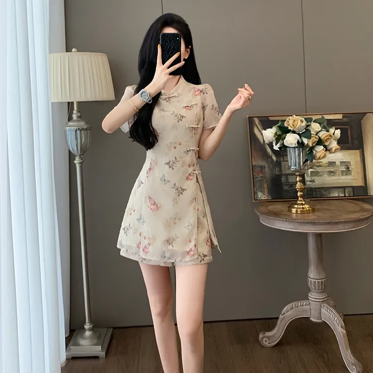 夏季时尚新中式国风短裤套装女气质盘扣复古印花改良旗袍裙两件套