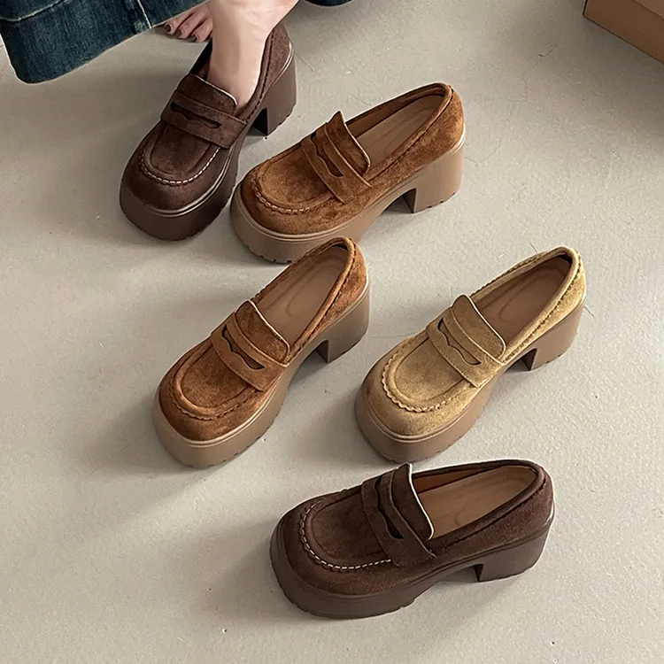 OJRZ复古方头设计感气质厚底乐福鞋女2025秋季粗跟简约单鞋女女鞋