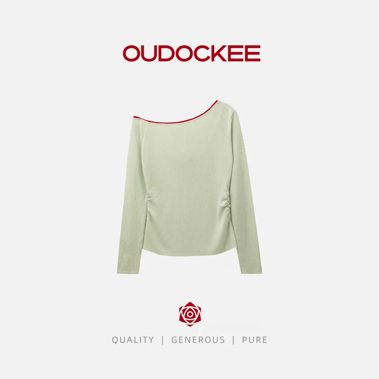 OUDOCKEE 鸥鸥 【棉羊毛】 一抹红 绝美斜肩拼接修身上衣 2179