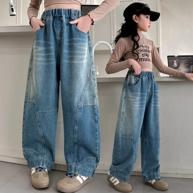 女童裤子2025春装新款中大童阔腿裤宽松直筒牛仔裤儿童洋气弯刀裤