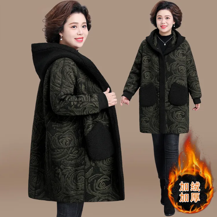 妈妈冬装外套羊羔绒加厚棉袄洋气中老年女装秋冬毛呢大衣保暖棉服