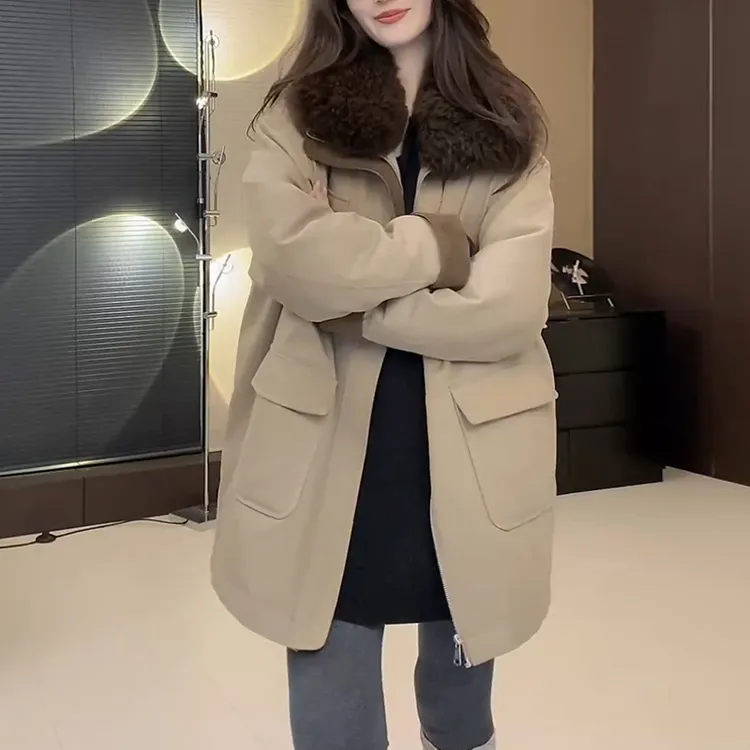 霖优【沿海公路】新款工装派克服羊皮毛一体毛领休闲中长款外套女冬