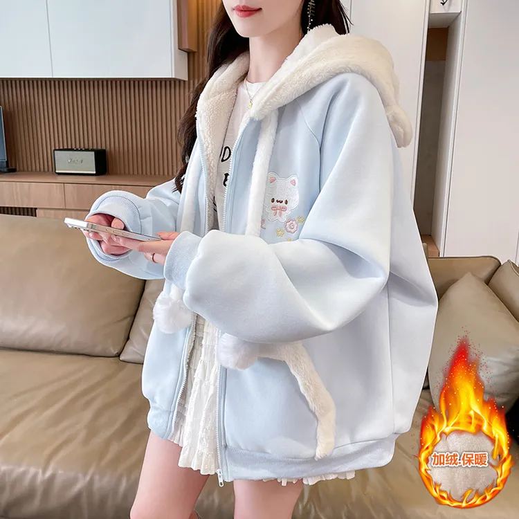 可爱萌感加绒加厚外套女冬季新款初高中学生宽松休闲棒球服棉服潮