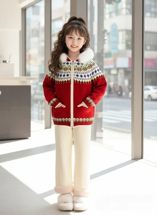 女孩费尔岛提花加厚开衫牛仔裤2025冬季新款时髦洋气甜美休闲毛衣