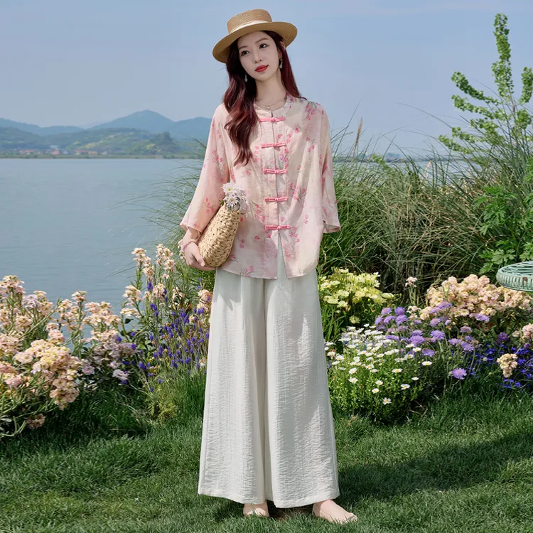 新中式三件套装女夏季款时尚宽松气质古风衬衫穿搭洋气阔腿长裤子