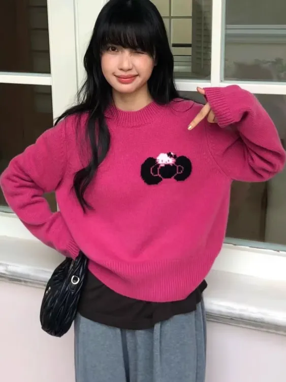 秋冬韩国宽松显瘦圆领冬季长袖针织衫女蝴蝶结kitty猫毛衣上衣