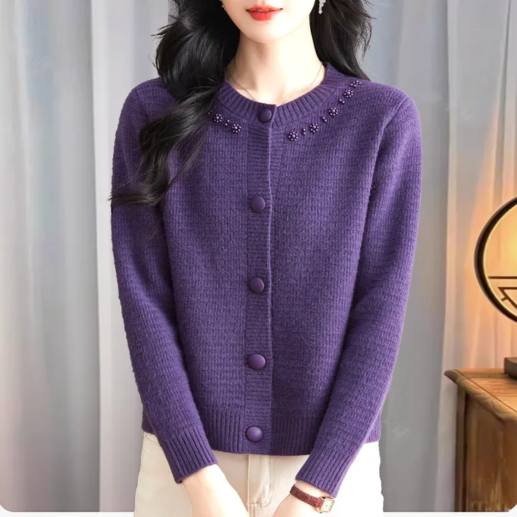 100%纯羊毛羊毛衫女短款针织开衫钉珠百搭春秋时尚小外套薄款披肩