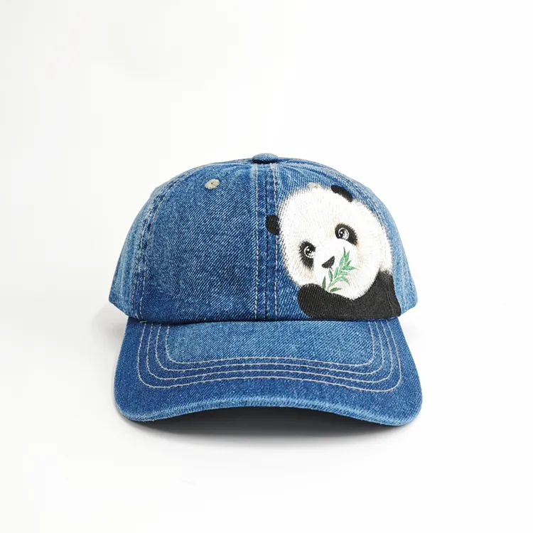 熊猫花花牛仔棒球帽手绘休闲遮阳帽防晒显脸小时尚蓝色韩版帽子