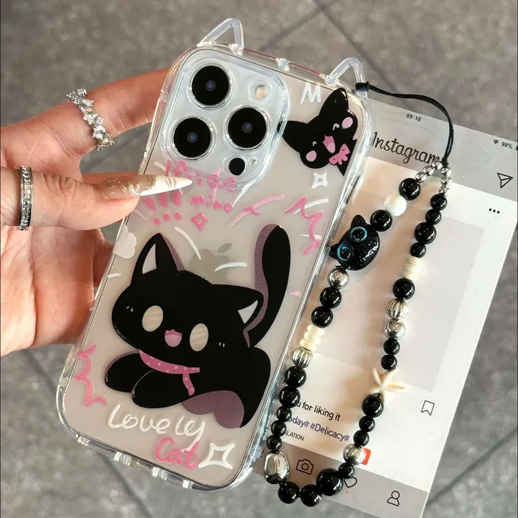 可爱适用苹果15小蛮腰黑猫手机壳iphone16promax新款猫耳朵保护套