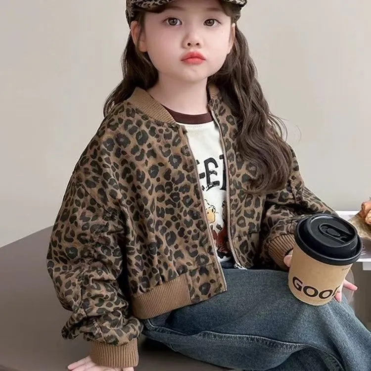 女童韩系豹纹外套春秋款2025新款儿童洋气夹克宝宝网红炸街上衣衫