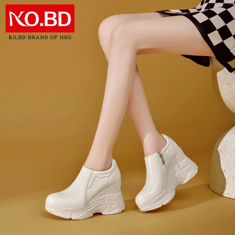 柯百蒂米白色休闲厚底坡跟单鞋女春秋新款法式松糕鞋真皮女鞋F517