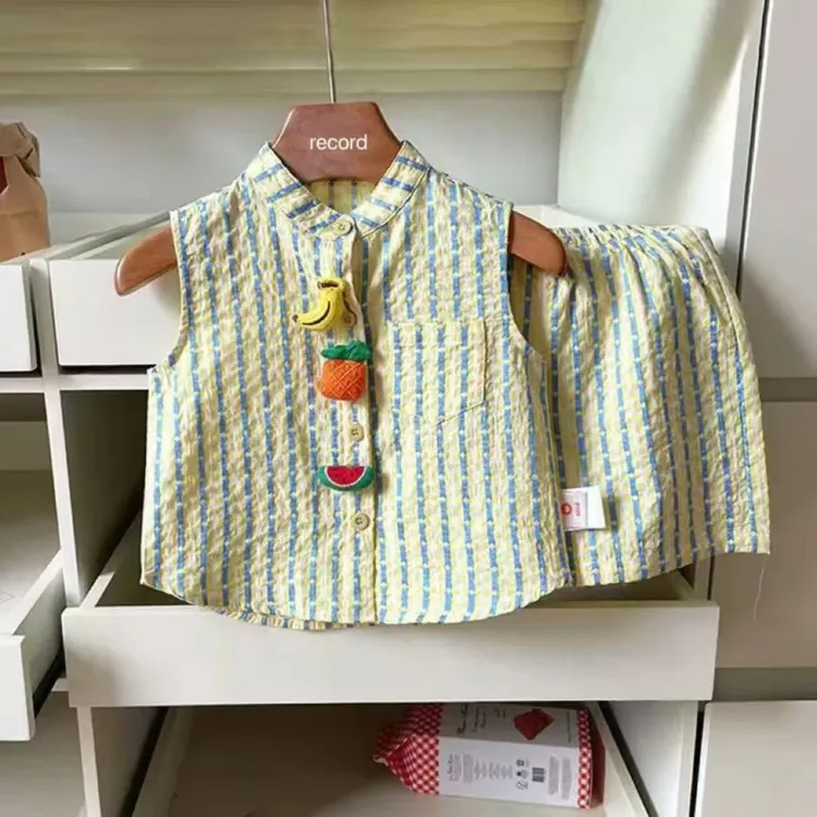 2025新款水果夏季儿童开衫背心短裤套装