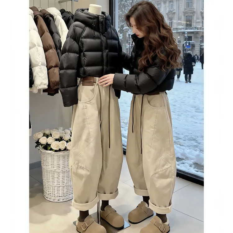 2026冬季新款潮流连帽短款棉衣高腰长裤时尚套装女