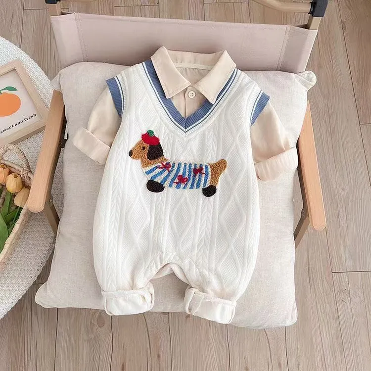 婴儿时尚英伦秋季衣服春秋男宝宝超萌洋气假两件绅士外出连体哈衣
