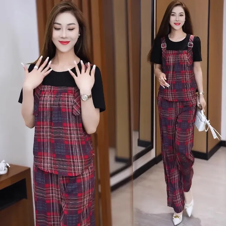 时尚套装女2025夏季新款宽松显瘦假两件格子短袖上衣阔腿裤两件套