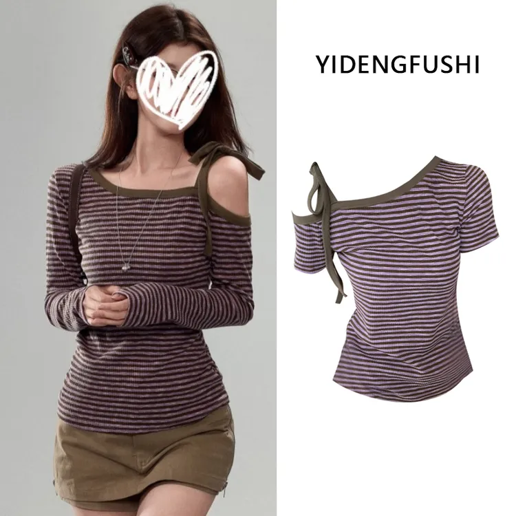2025年秋季新款斜肩绑带蝴蝶结条纹元素短袖T恤修身显瘦纯欲上衣