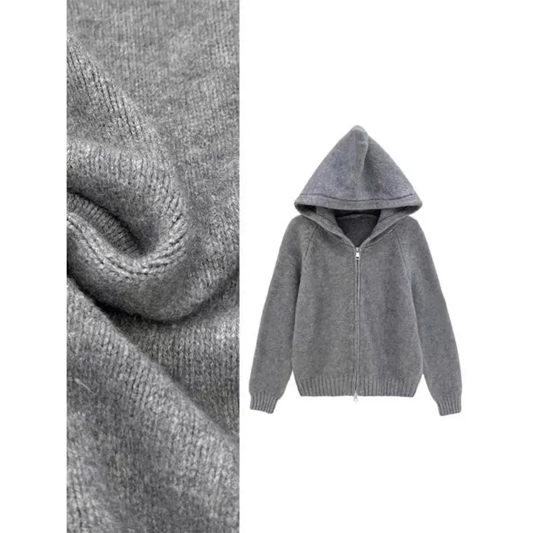 韩系双拉链设计感纯色连帽针织开衫女简约休闲外贸新款针织开衫