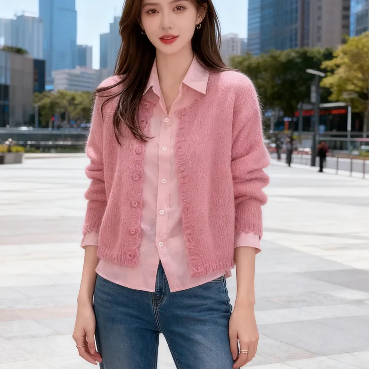 慵懒温柔粉色软糯圆领针织开衫女2025新款秋冬减龄显白长袖毛衣