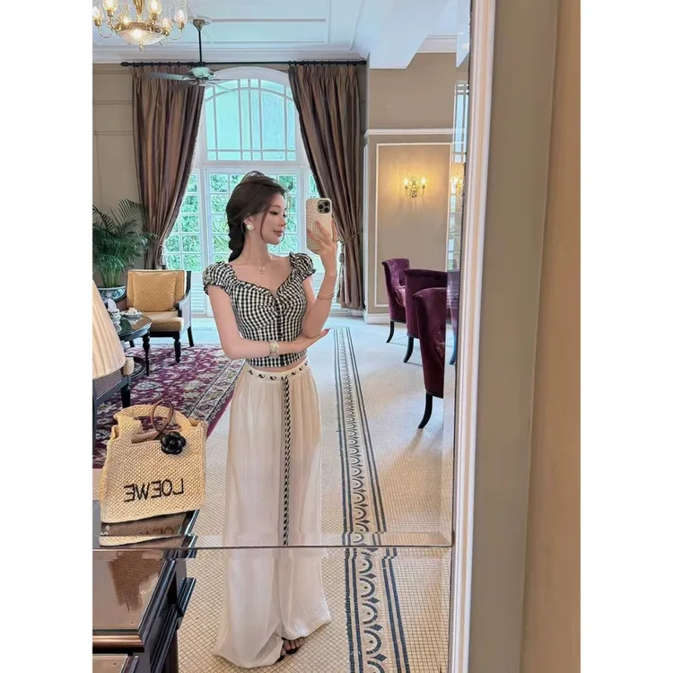 曼曼【慵懒方块】格子腰带宽松阔腿薄款慵懒休闲长裤女