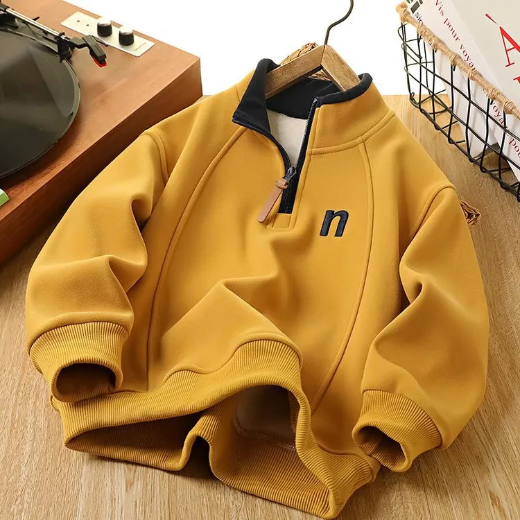 儿童秋冬新款加绒立领中大童卫衣半拉链一体绒打底衫男童洋气休闲