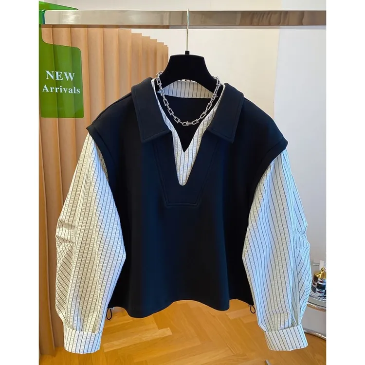 韩里韩气蓝色条纹衬衫袖拼接卫衣女早秋装2025新款宽松假两件上衣