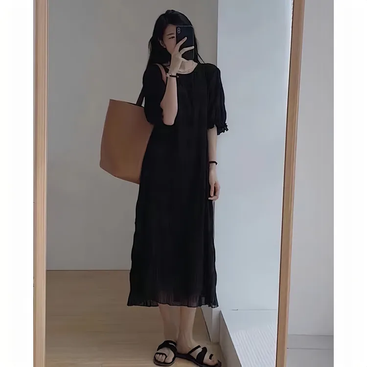 大码女装高级感黑色连衣裙女夏季2025新款法式木耳袖显瘦长裙