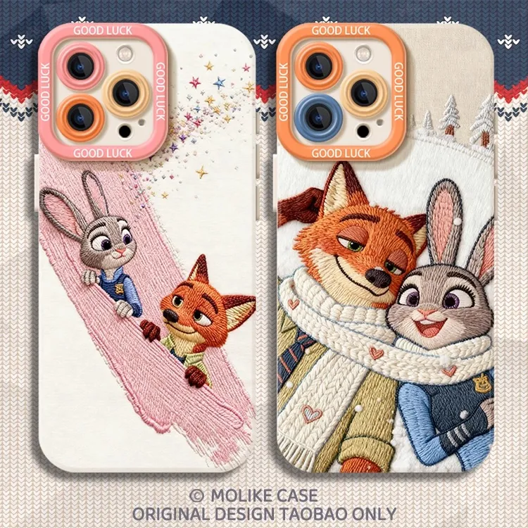 刺绣情侣适用苹果17手机壳新款华为OPPO全包小米15vivo疯狂动物城
