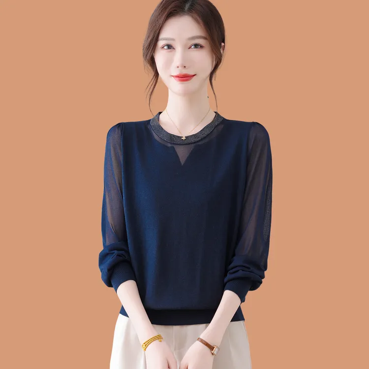 低领羊毛针织打底衫女2025春秋新款洋气妈妈薄款烫钻蕾丝纱袖毛衣