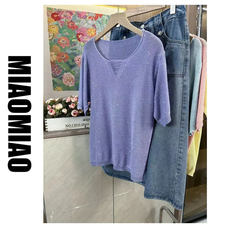 大码女装夏季高级感重工珠片针织衫短袖薄款宽松显瘦百搭上衣8531