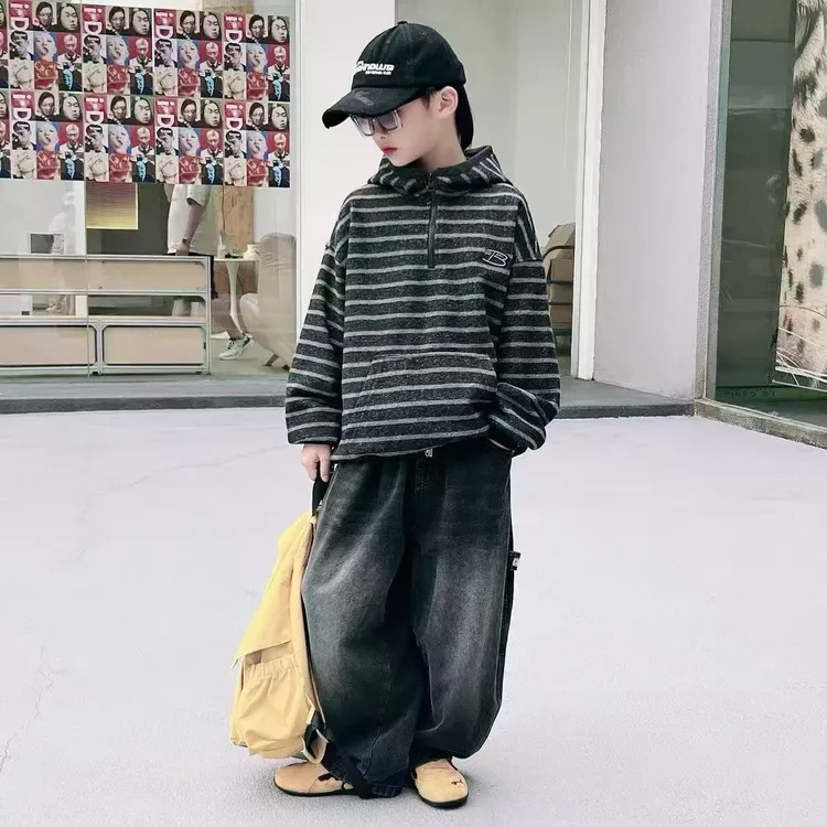 【嘟妈童装】男童秋季长袖连帽条纹卫衣2025秋装儿童帽衫7025
