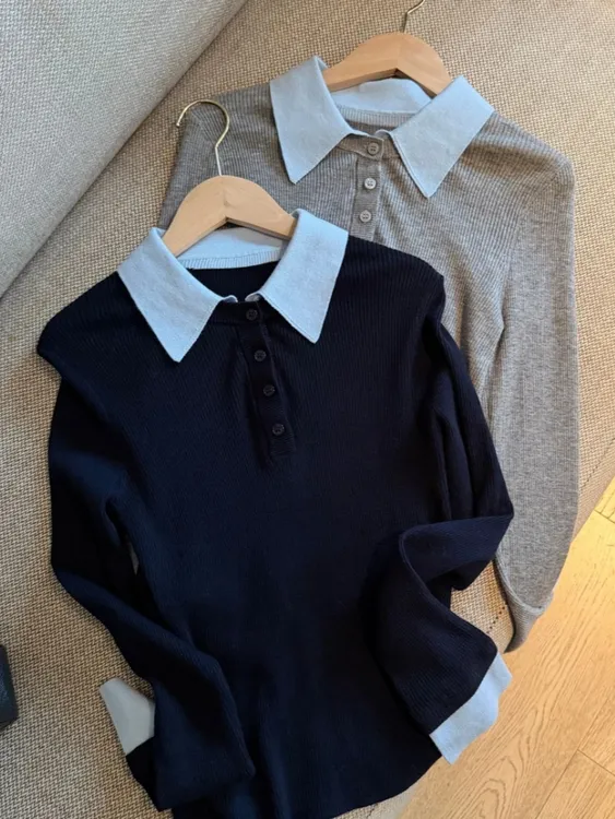 翻领长袖假两件针织衫女2025秋冬撞色宽松显瘦高级感通勤毛衣8055