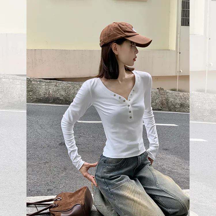 紧身露脐装短袖小衫新款女上衣短款正肩V领长袖恤秋季修身打底衫