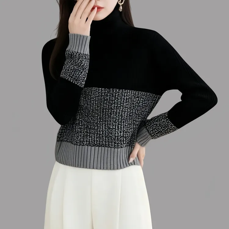 2025秋冬新款撞色高领毛衣女慵懒高级感减龄内搭修身显瘦针织衫