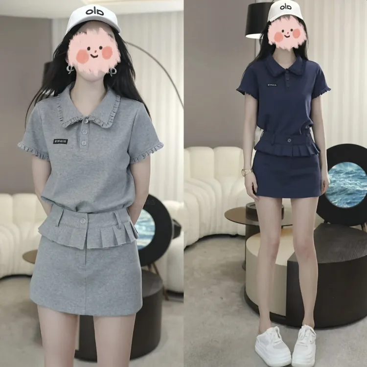 夏季时尚洋气新款韩系娃娃领木耳边POLO衫上衣显瘦百搭半身裙套装