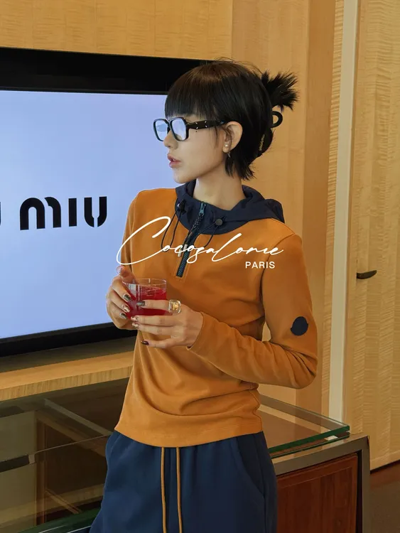 韩彬彬"甜橘"连帽半拉链暖金棕暖绒多巴胺服装女打底帽衫510Y-6