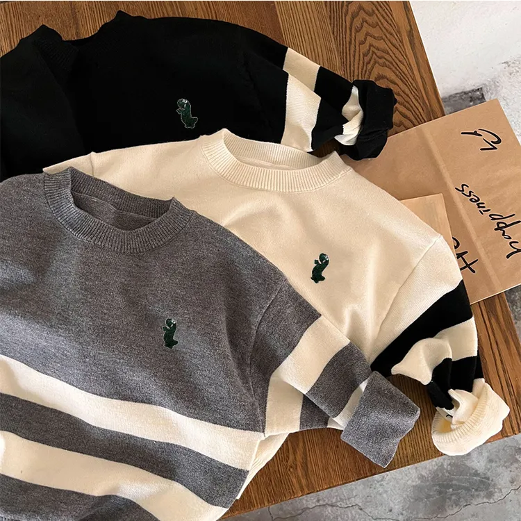 洋气针织衫男童韩版条纹长袖薄款毛衣圆领套头风格百搭秋冬上衣