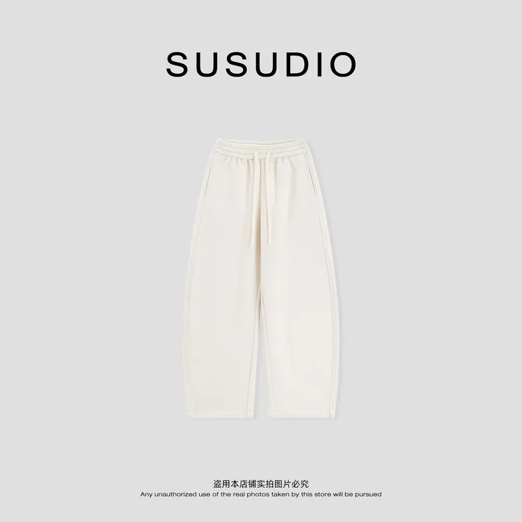 SUSUDIO 羊毛 冬季加绒保暖宽边松紧腰小弯刀纯色休闲裤 40724