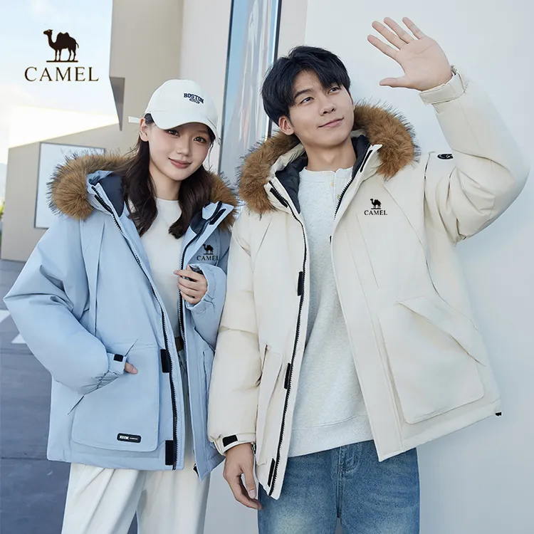 骆驼日记冬季白鸭绒连帽毛领情侣连帽常规款时尚运动免烫保暖款
