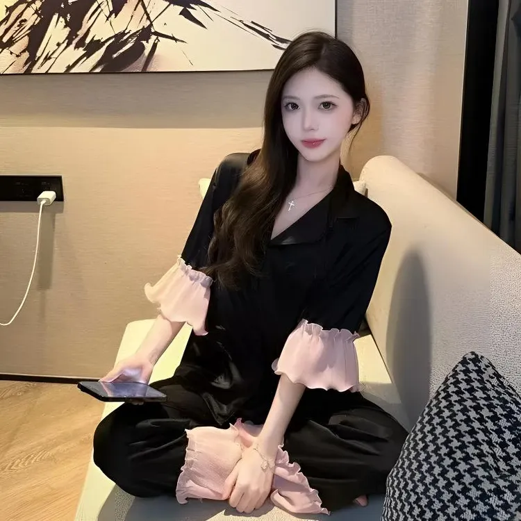 时尚夏季2025新款冰丝薄款短袖长裤喇叭花睡衣女可外穿家居服套装