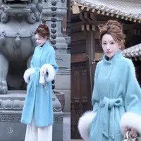 【婷婷】《南洋孔雀》定制宝石蓝 拉绒贵气慵懒大衣25DK8031