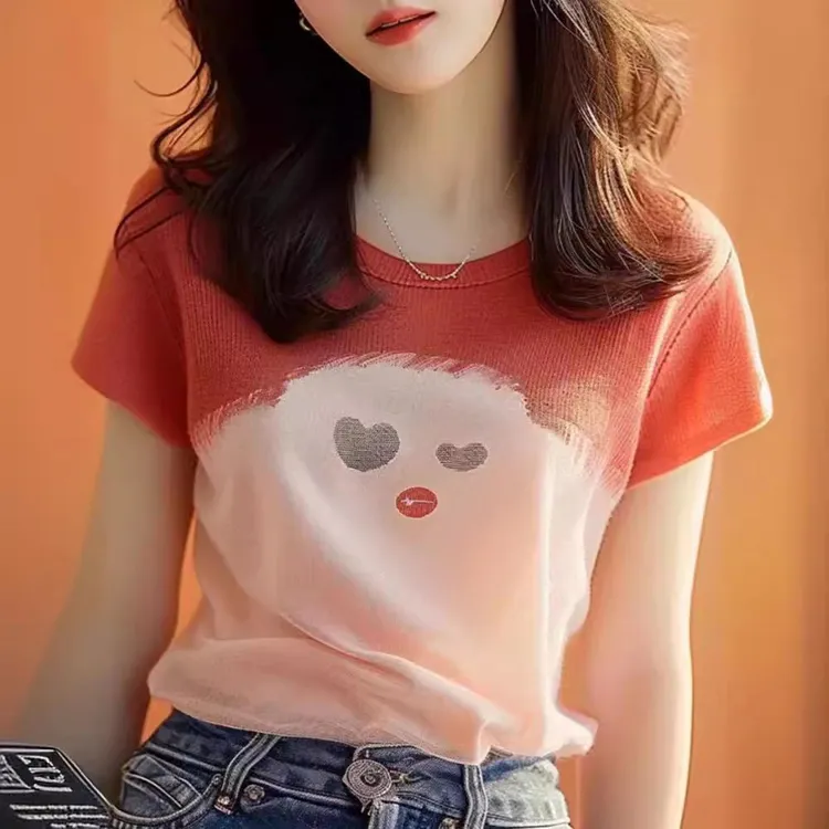 夏季短袖圆领纯欲风拼接毛针织衫针织衫薄款春夏韩版