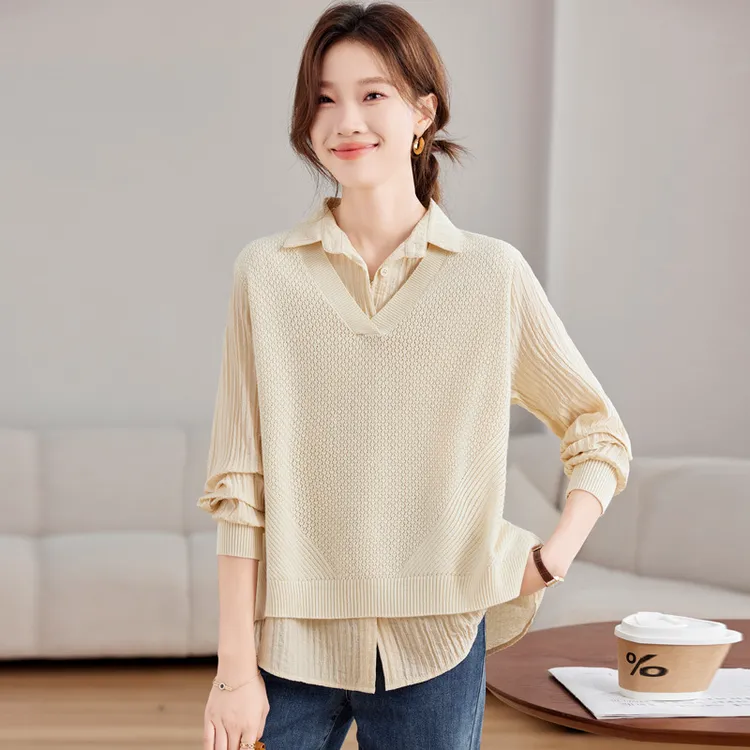 长袖衬衫女2024新款早秋气质卫衣时尚洋气独特别致假两件春秋上衣