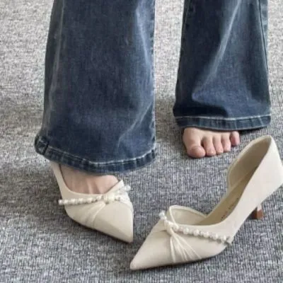 2024年蝴蝶结纯色设计感单鞋女夏季新款尖头细跟小众时尚高跟鞋女