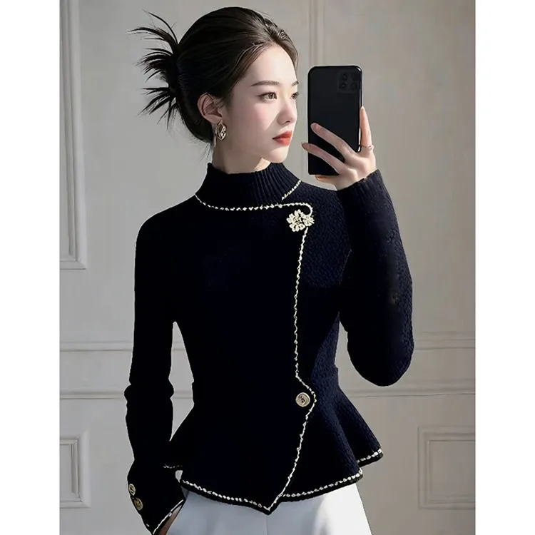 2024新款冬季女款时尚百搭毛衣黑色气质厚款法式潮流休闲洋气上衣