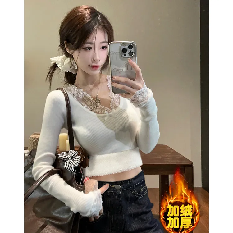 纯欲蕾丝拼接v领长袖上衣小个子加绒加厚紧身辣妹打底衫内搭秋冬