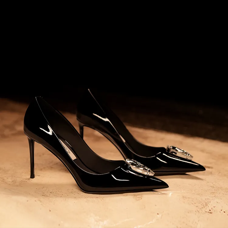 【星途】独女2025春季新款气质雾霾蓝真皮高跟鞋女细跟浅口尖头单鞋