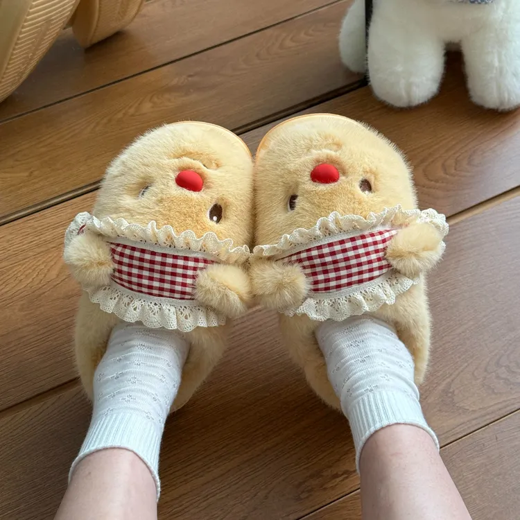 【黄油小熊】卡通可爱软底包头棉拖女2025冬新款居家防滑保暖毛毛拖
