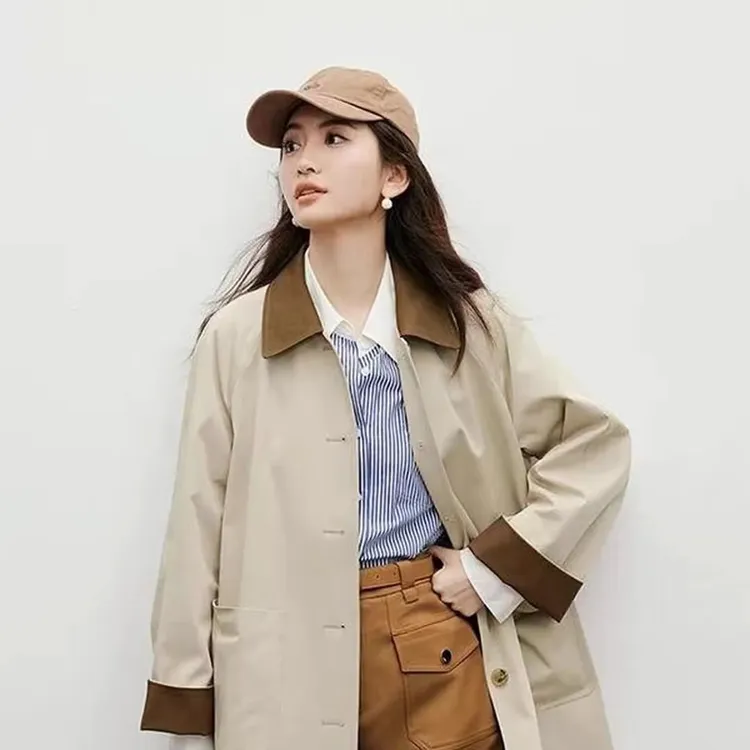 红袖同款2025短款气质新款女装单排扣撞色翻领中长风衣卡其色风衣