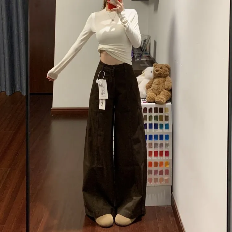 复古绝美咖色阔腿牛仔裤女2025冬季新款设计感高腰宽松梧桐直筒裤